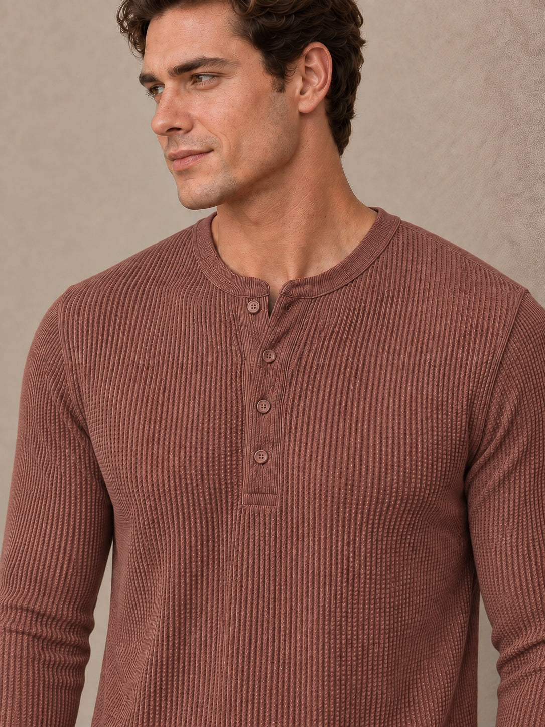 Rust Waffle Knit Full Sleeve Henley Tshirt For Men