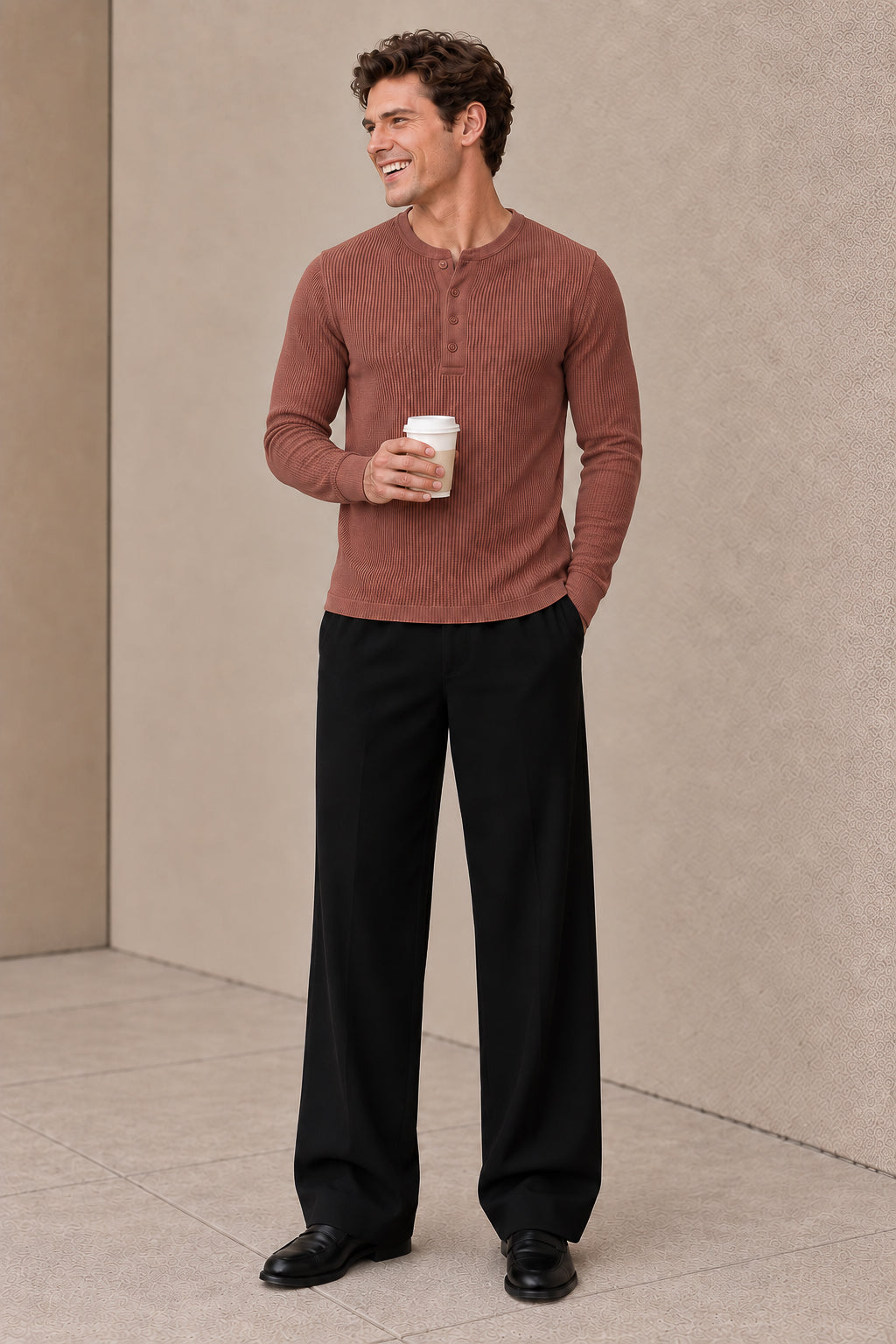 Rust Waffle Knit Full Sleeve Henley Tshirt For Men
