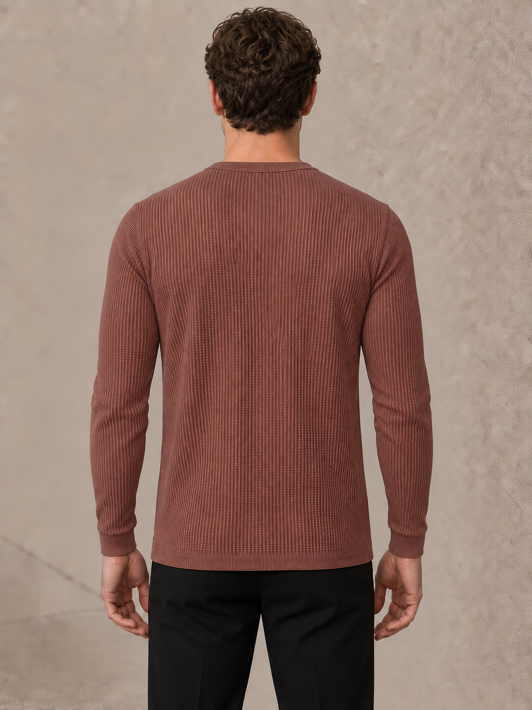 Rust Waffle Knit Full Sleeve Henley Tshirt For Men