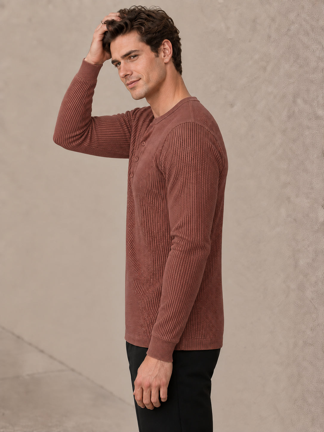 Rust Waffle Knit Full Sleeve Henley Tshirt For Men