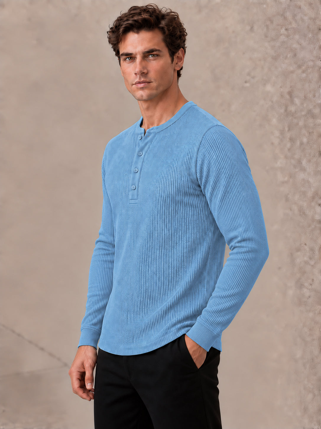 Sky Blue Knit Full Sleeve Henley Tshirt For Men