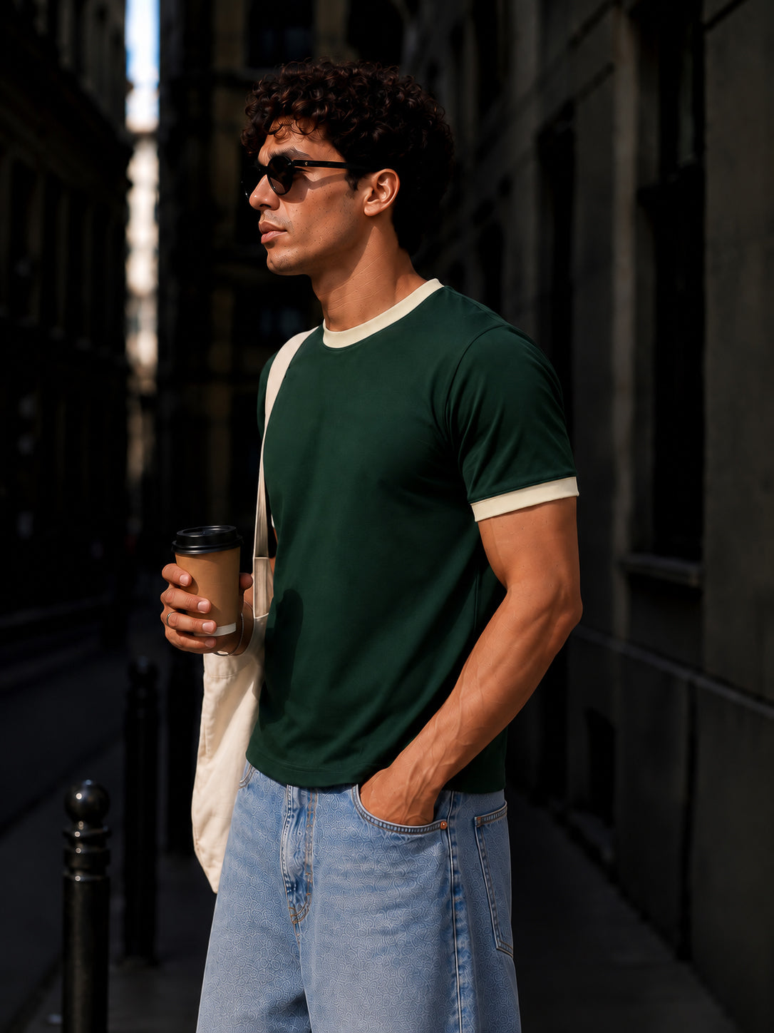 English Green Cotton Half Sleeve Regular Fit Ringer Tshirt