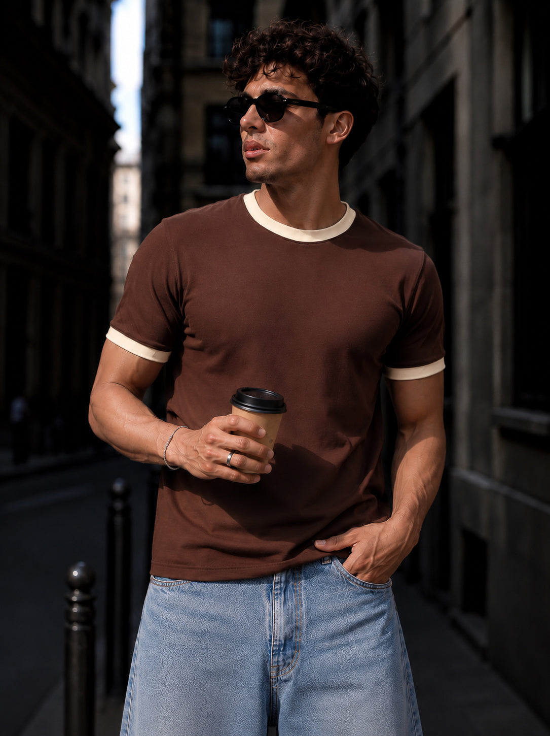 Brown Cotton Half Sleeve Regular Fit Ringer Tshirt
