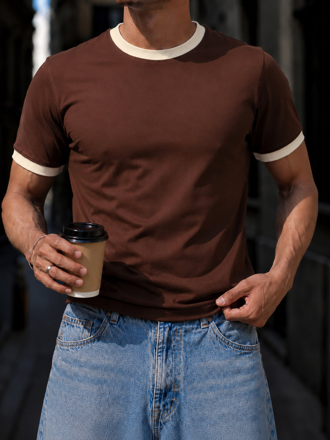 Brown Cotton Half Sleeve Regular Fit Ringer Tshirt