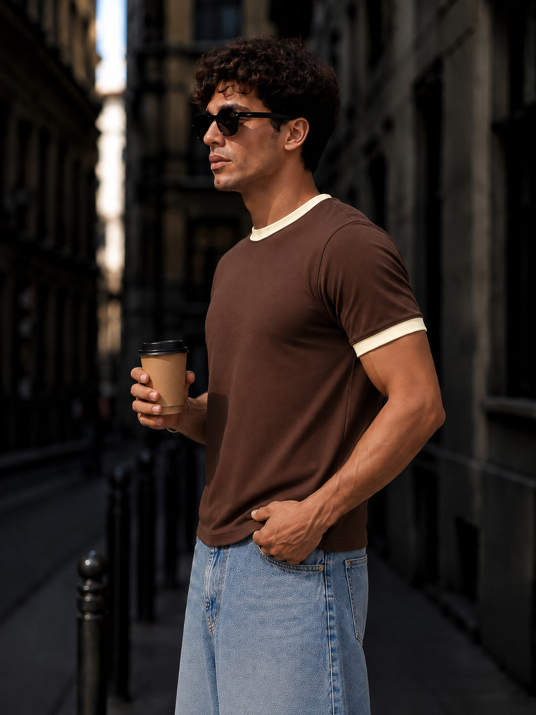 Brown Cotton Half Sleeve Regular Fit Ringer Tshirt