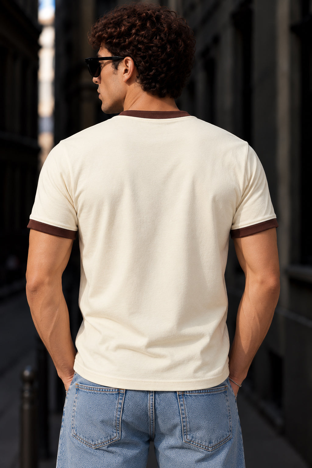 Cream Cotton Half Sleeve Regular Fit Ringer Tshirt