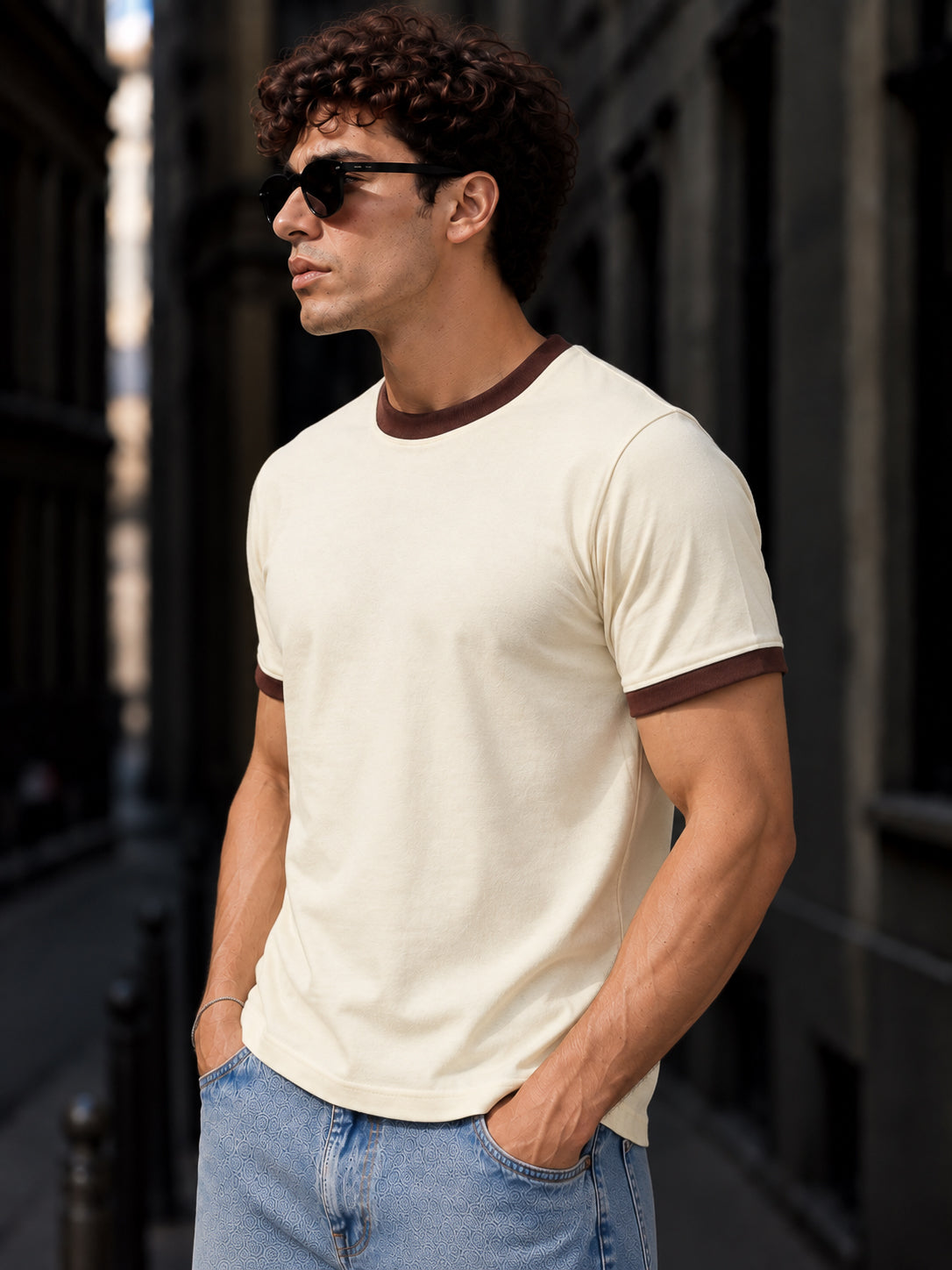 Cream Cotton Half Sleeve Regular Fit Ringer Tshirt