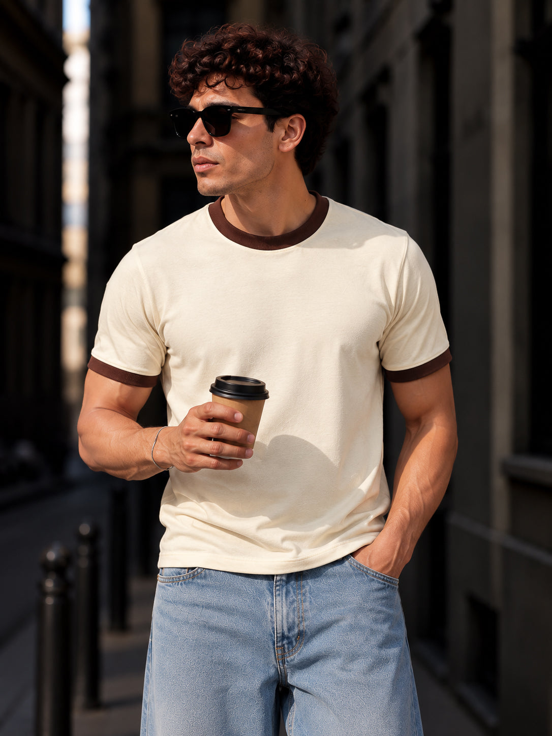 Cream Cotton Half Sleeve Regular Fit Ringer Tshirt