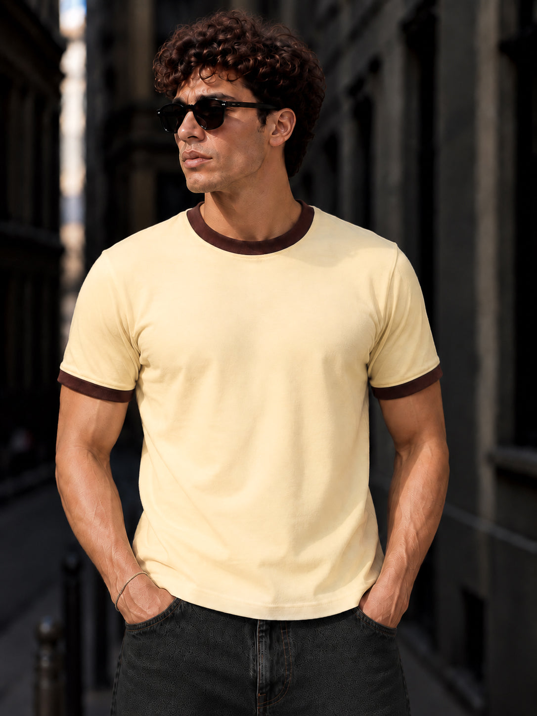 Cream Cotton Half Sleeve Regular Fit Ringer Tshirt