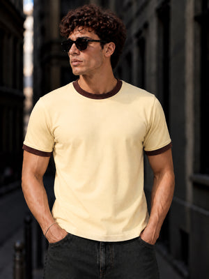 Cream Cotton Half Sleeve Regular Fit Ringer Tshirt