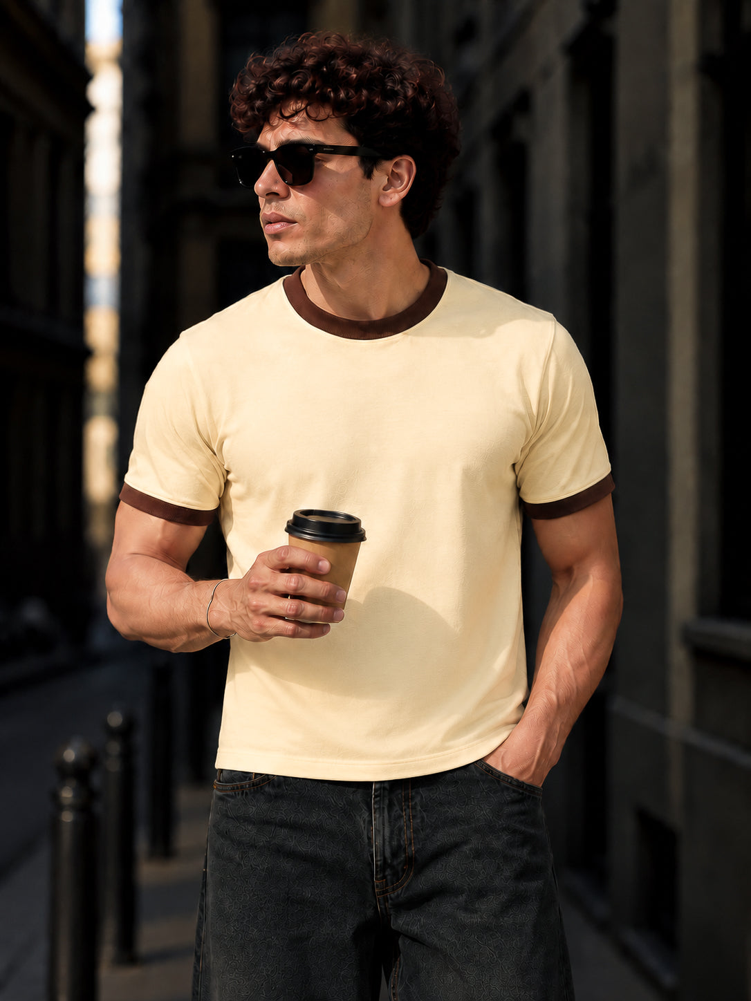 Cream Cotton Half Sleeve Regular Fit Ringer Tshirt