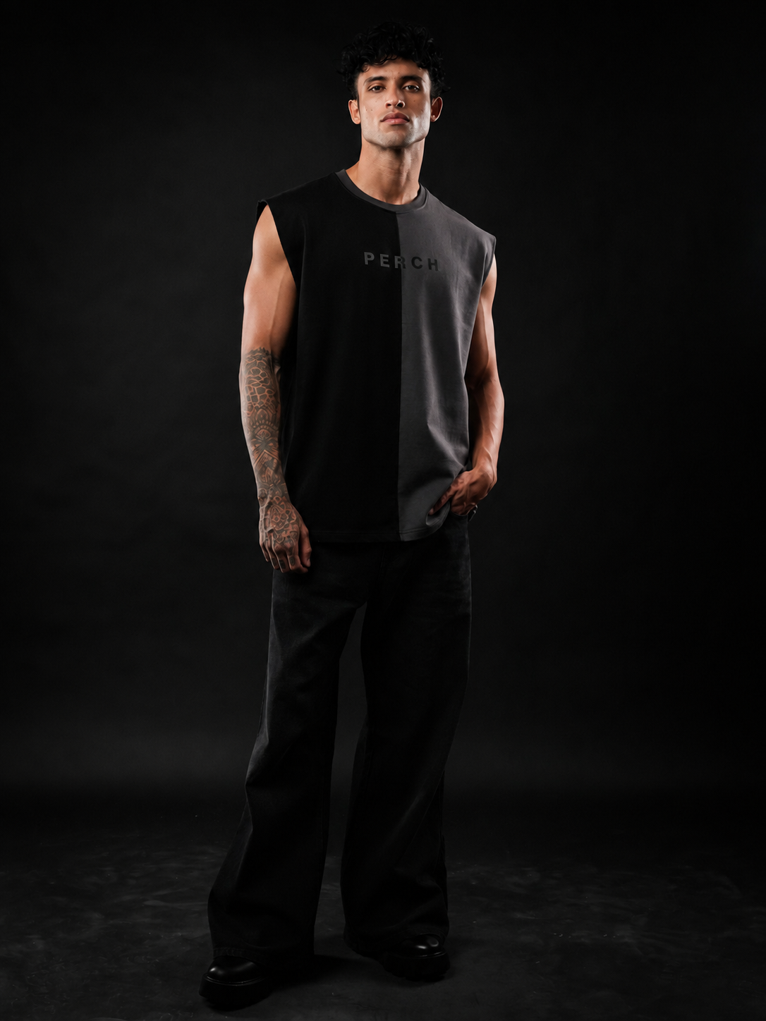 Black And Grey Oversized Cotton Sleeveless Divider Tank Tshirt