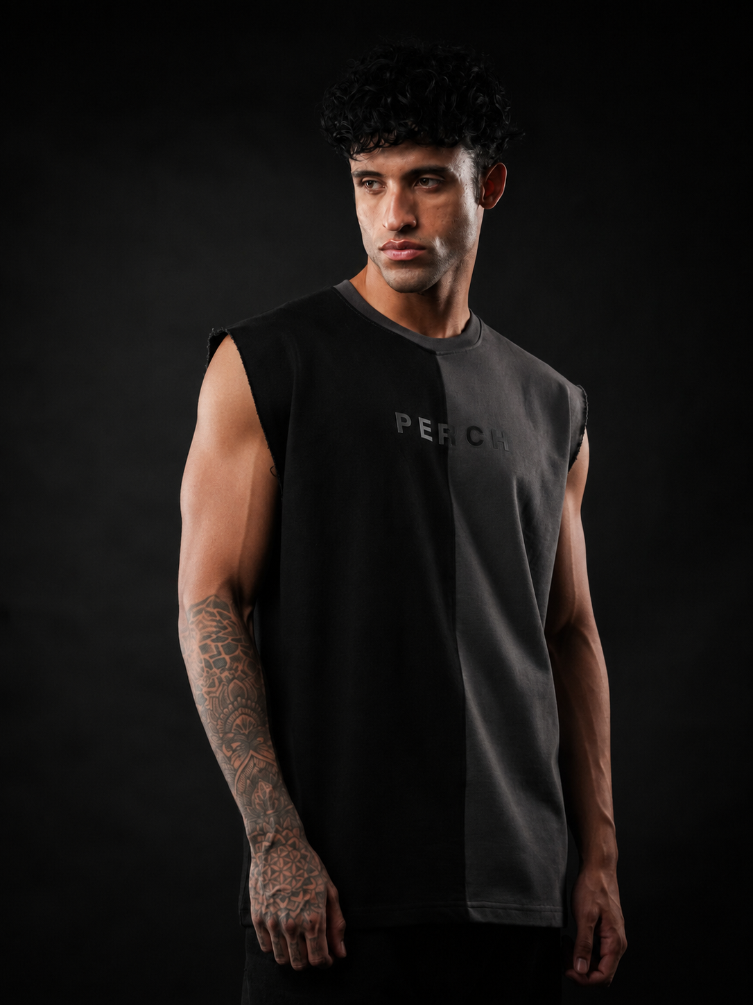 Black And Grey Oversized Cotton Sleeveless Divider Tank Tshirt