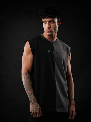 Black And Grey Oversized Cotton Sleeveless Divider Tank Tshirt