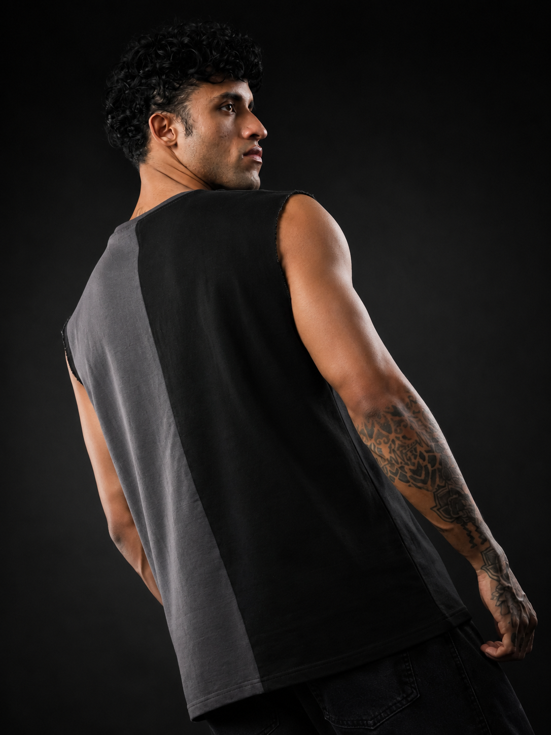 Black And Grey Oversized Cotton Sleeveless Divider Tank Tshirt