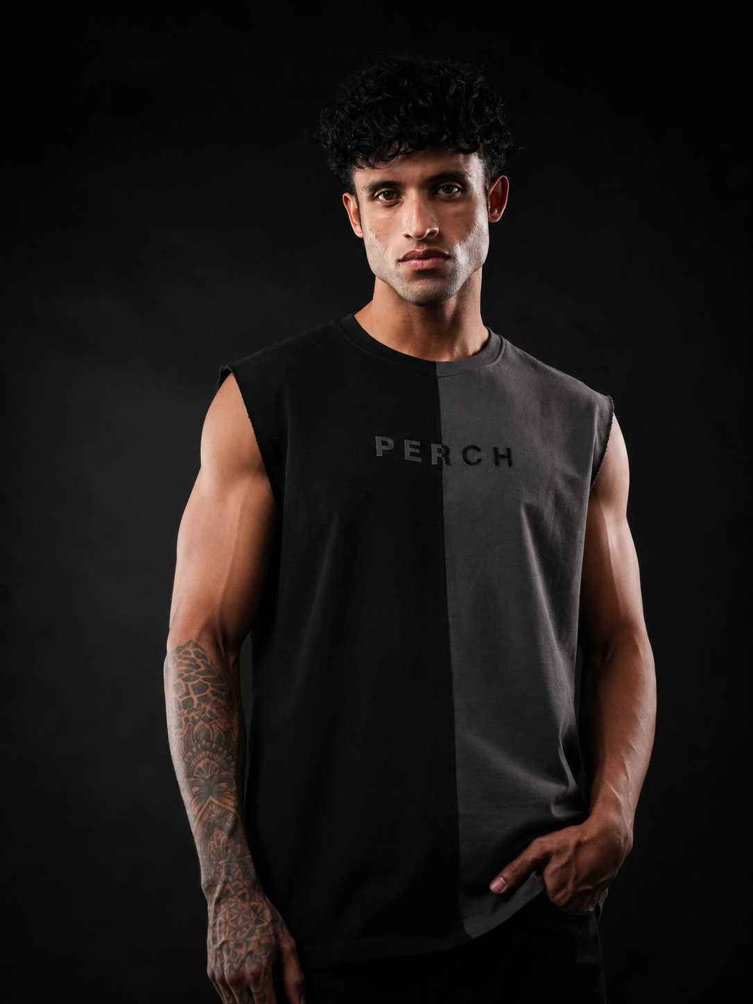 Black And Grey Oversized Cotton Sleeveless Divider Tank Tshirt