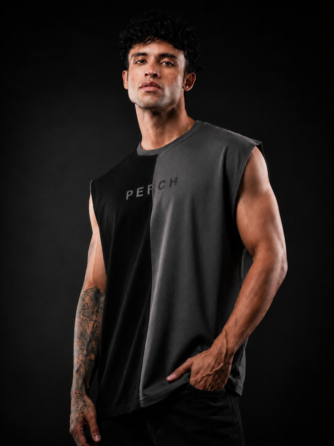 Black And Grey Oversized Cotton Sleeveless Divider Tank Tshirt