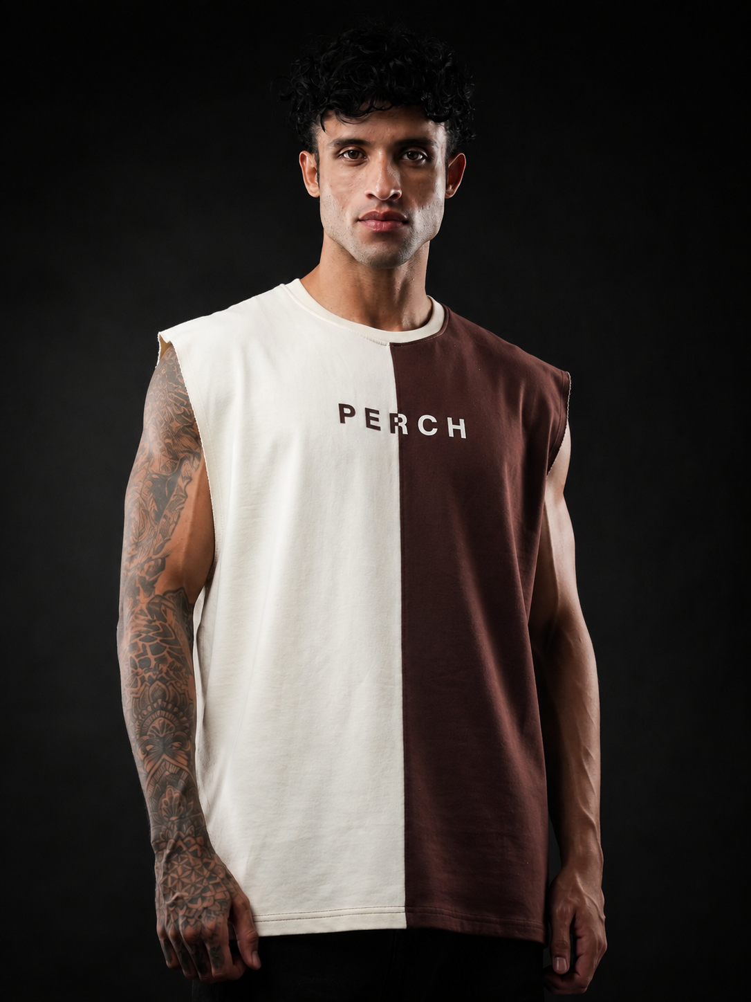 Brown And Cream Oversized Cotton Sleeveless Divider Tank Tshirt