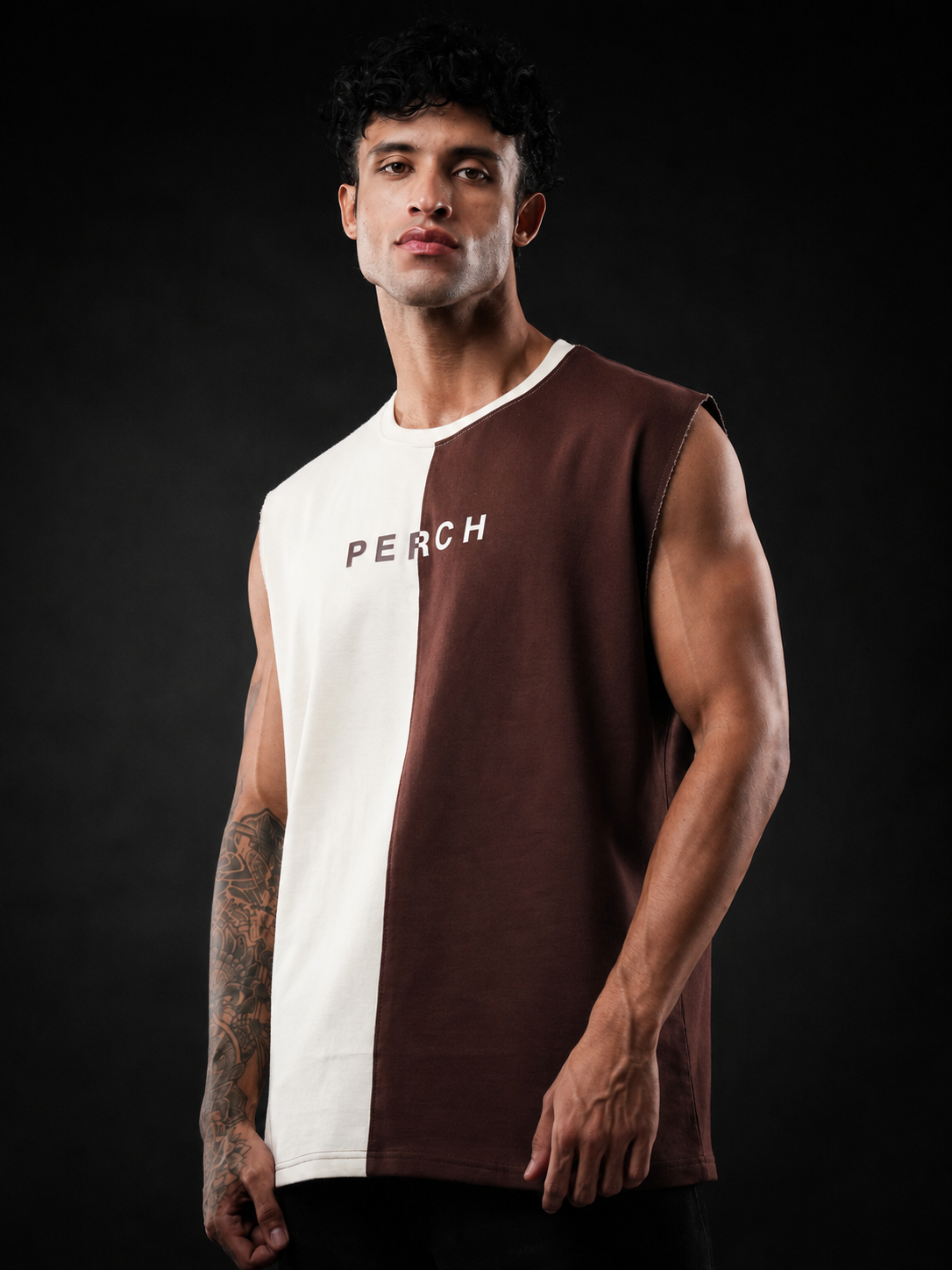 Brown And Cream Oversized Cotton Sleeveless Divider Tank Tshirt