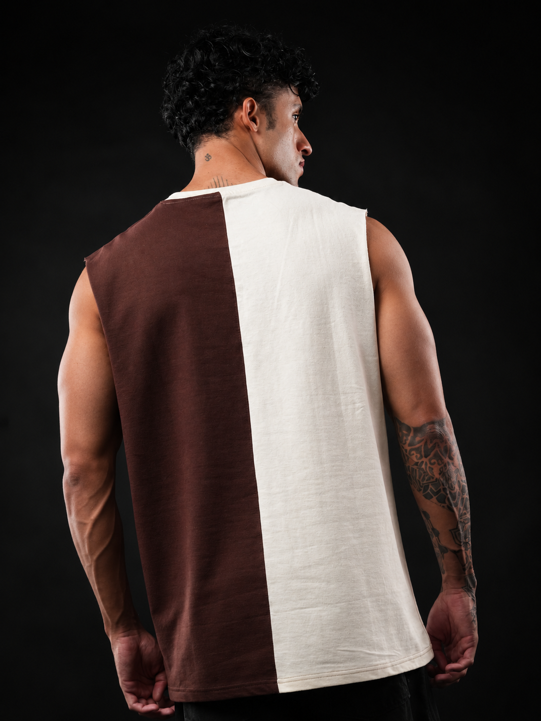 Brown And Cream Oversized Cotton Sleeveless Divider Tank Tshirt