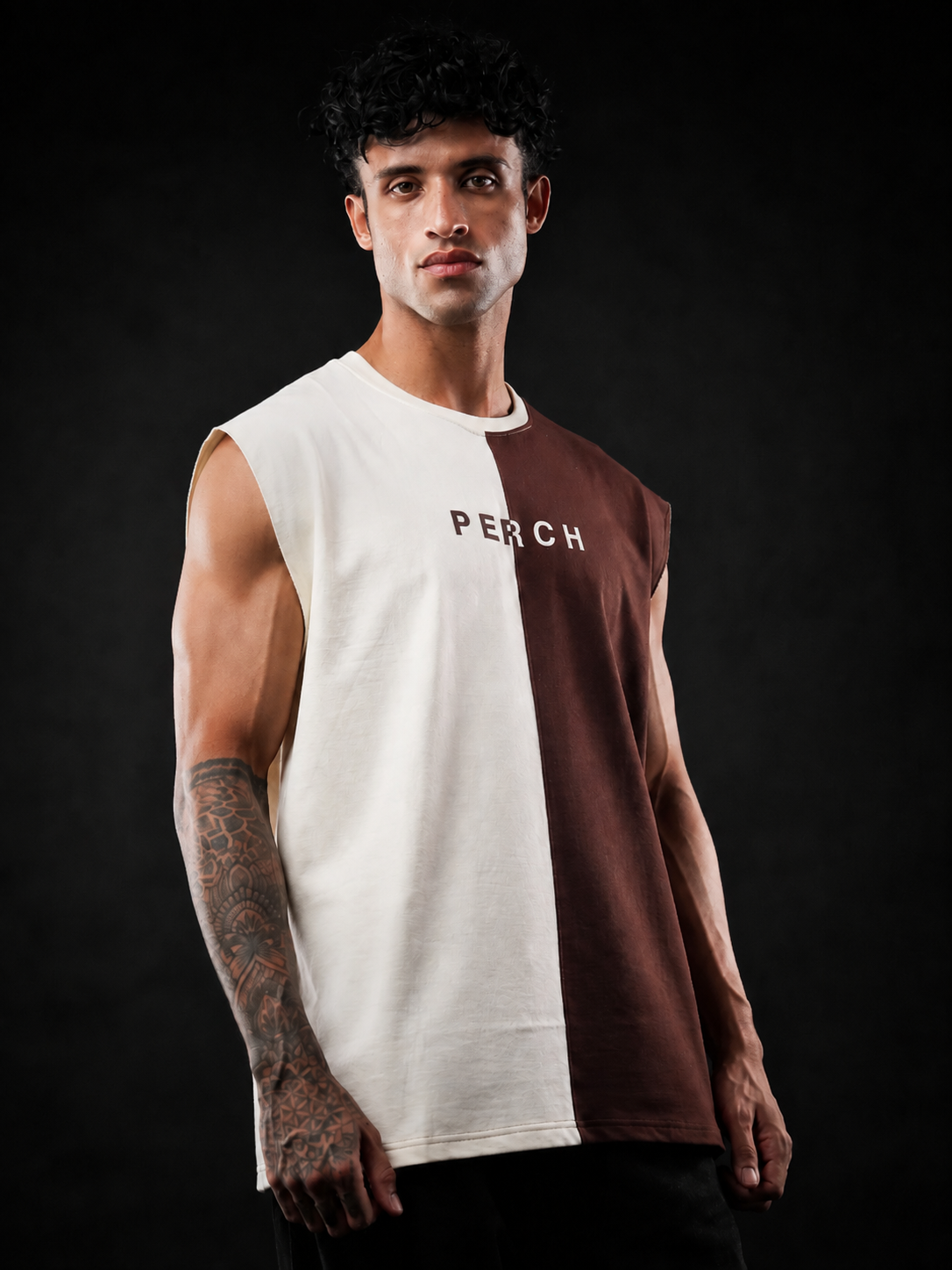 Brown And Cream Oversized Cotton Sleeveless Divider Tank Tshirt