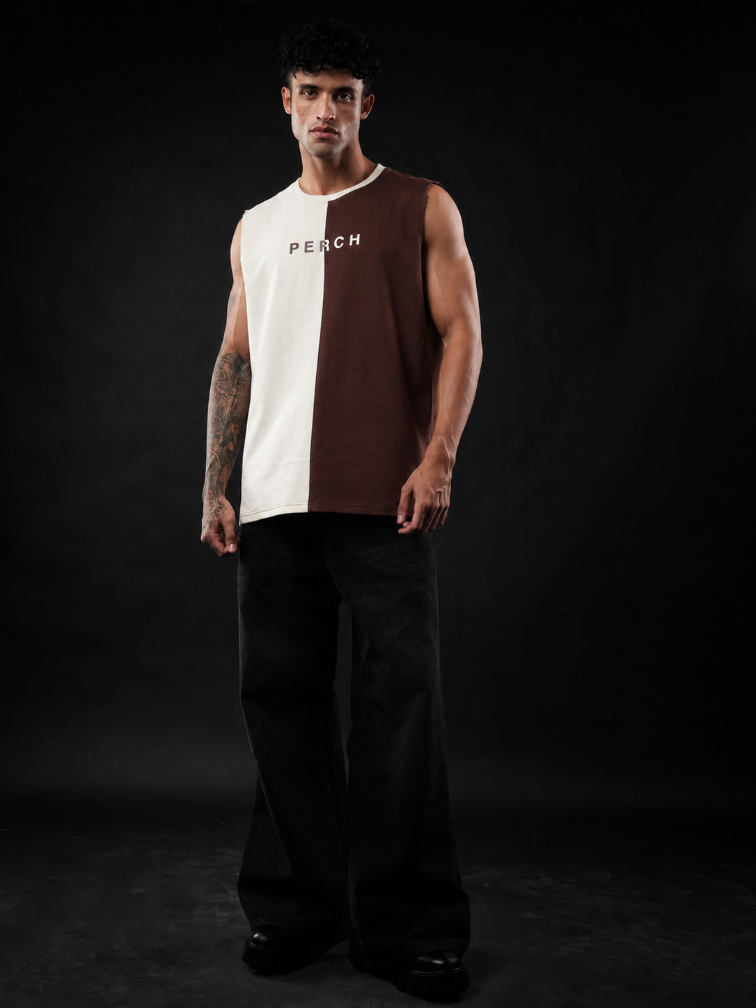 Brown And Cream Oversized Cotton Sleeveless Divider Tank Tshirt