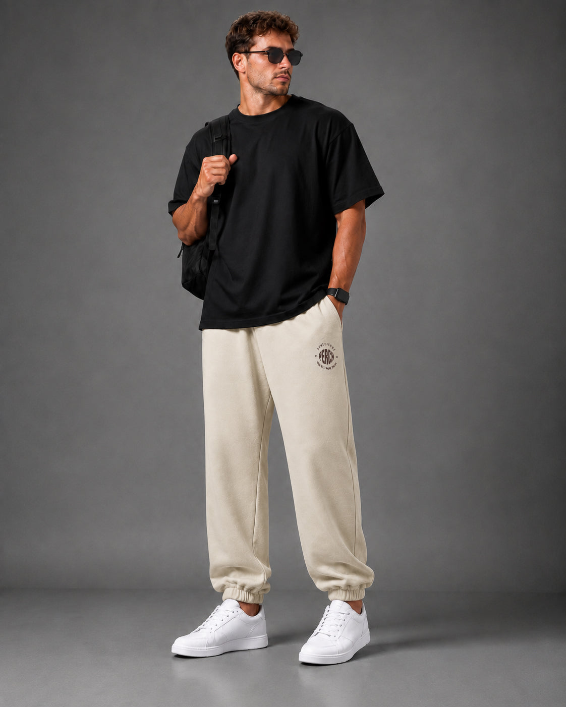 Beige Solid Relaxed Fit Elastic Cotton Jogger