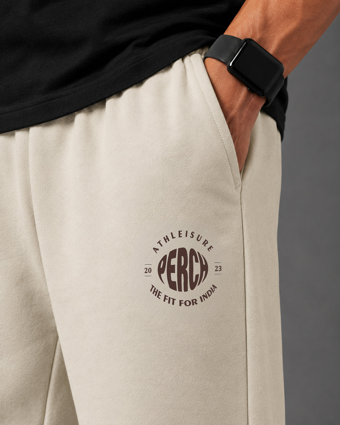 Beige Solid Relaxed Fit Elastic Cotton Jogger