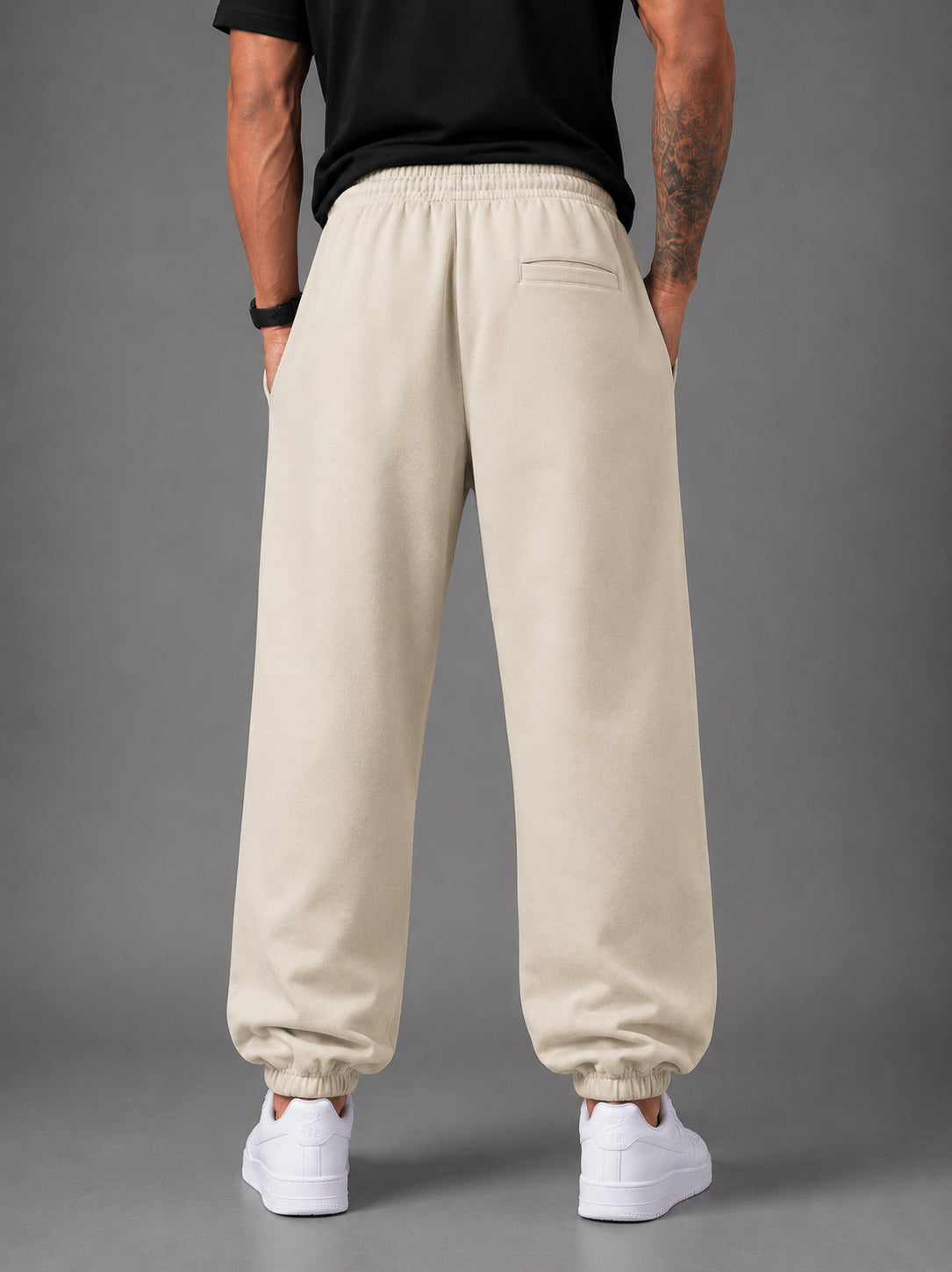 Beige Solid Relaxed Fit Elastic Cotton Jogger