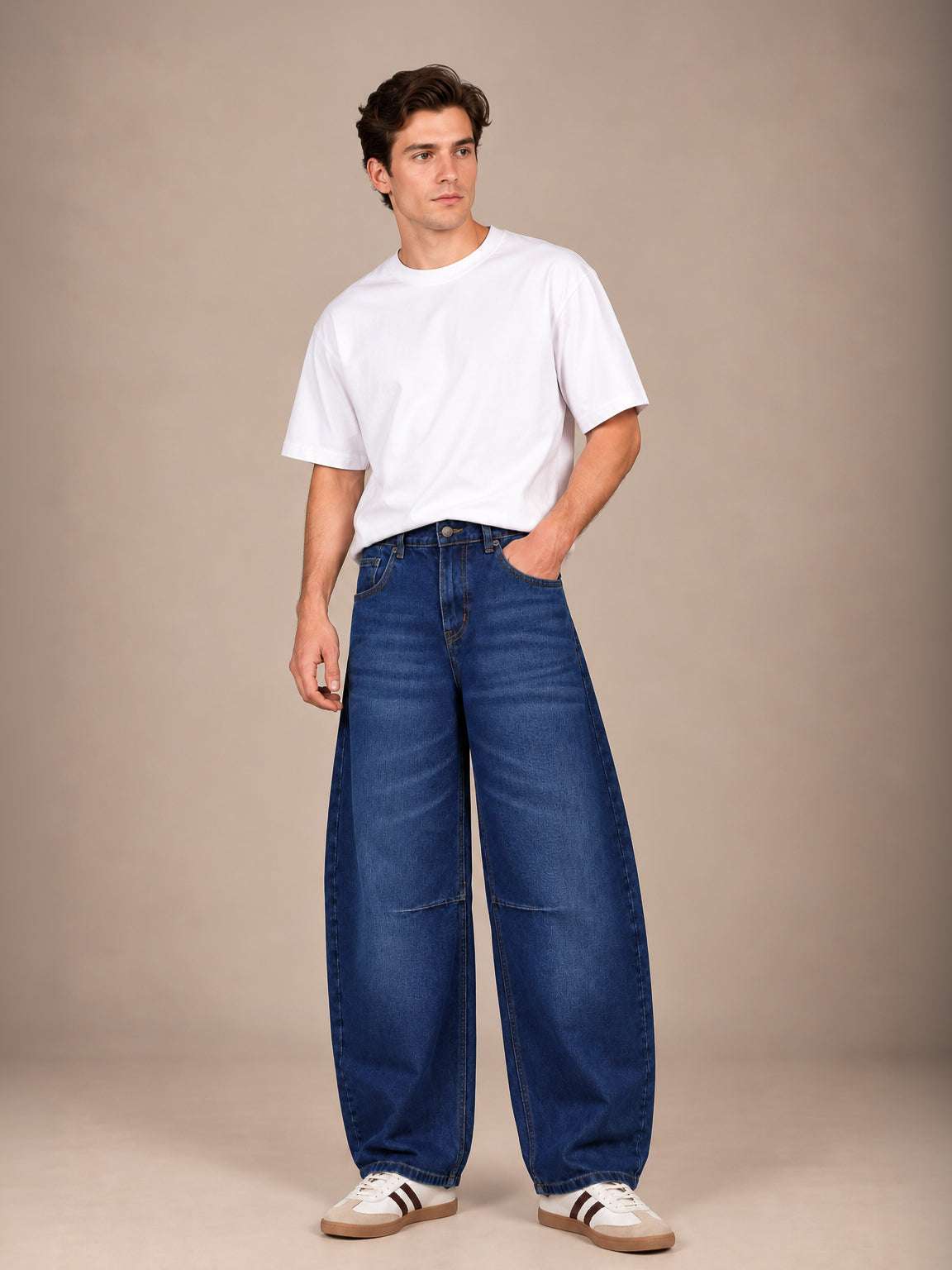 Navy Blue Washed Barrel Jeans