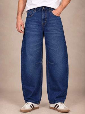 Navy Blue Washed Barrel Jeans