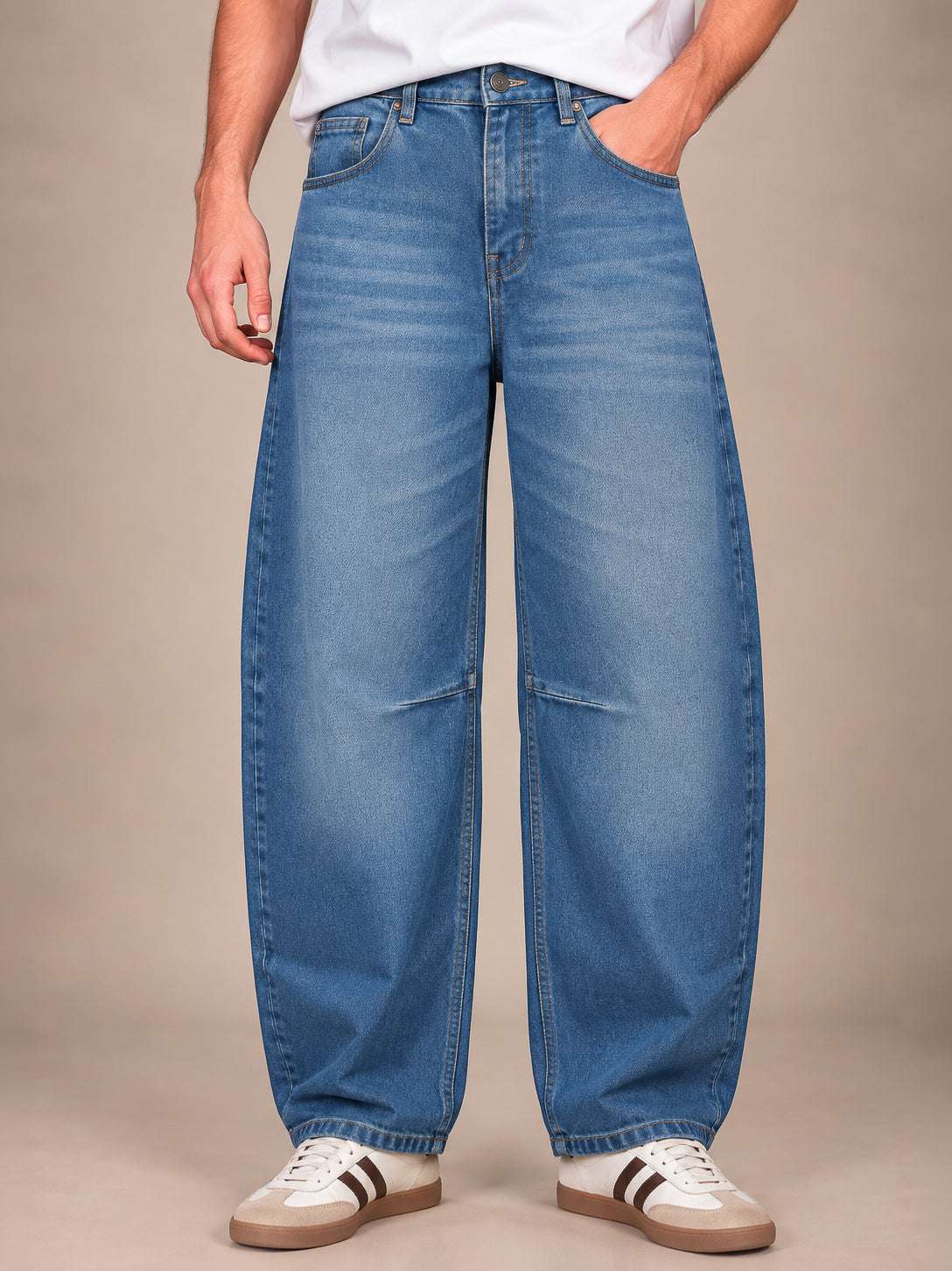 Mid Blue Washed Barrel Jeans