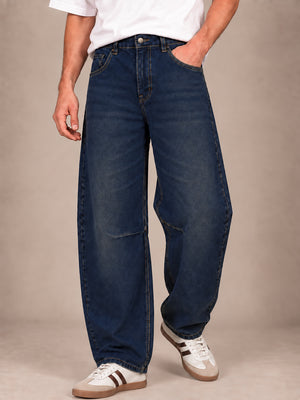 Teal Blue Washed Barrel Jeans