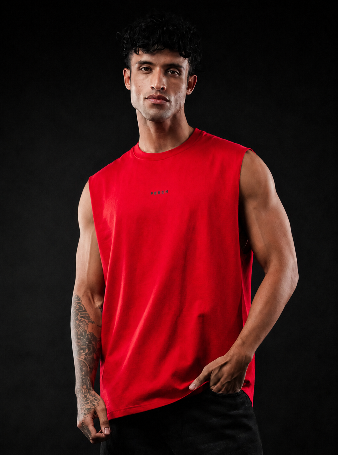 Red Solid Sleeveless Oversized Cotton Tank Tshirt