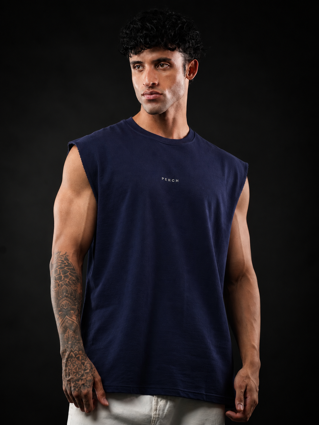 Navy Blue Solid Sleeveless Oversized Cotton Tank Tshirt