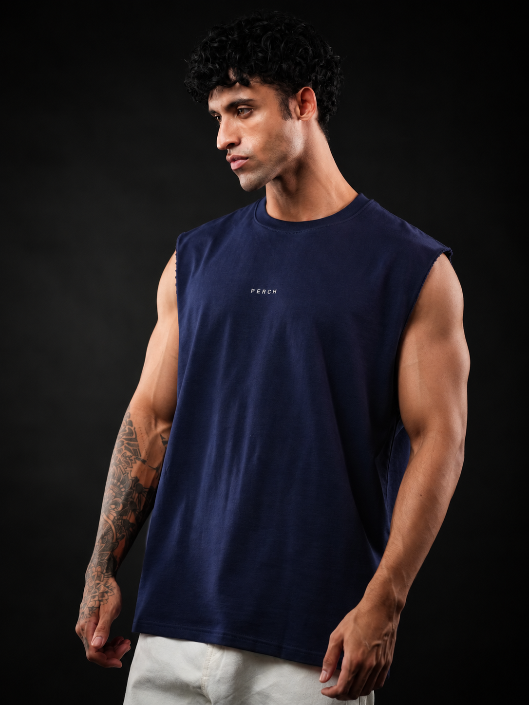 Navy Blue Solid Sleeveless Oversized Cotton Tank Tshirt