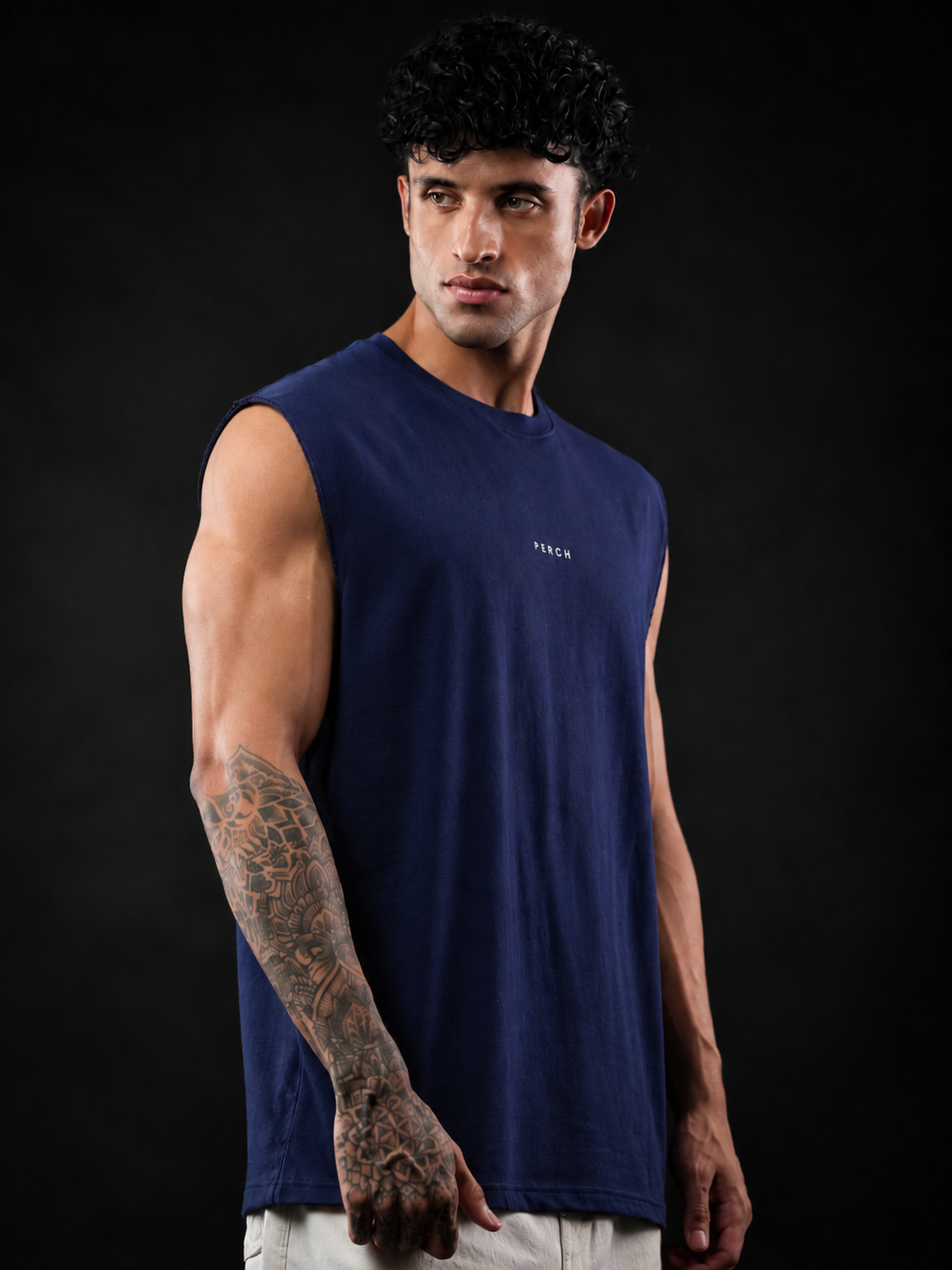Navy Blue Solid Sleeveless Oversized Cotton Tank Tshirt