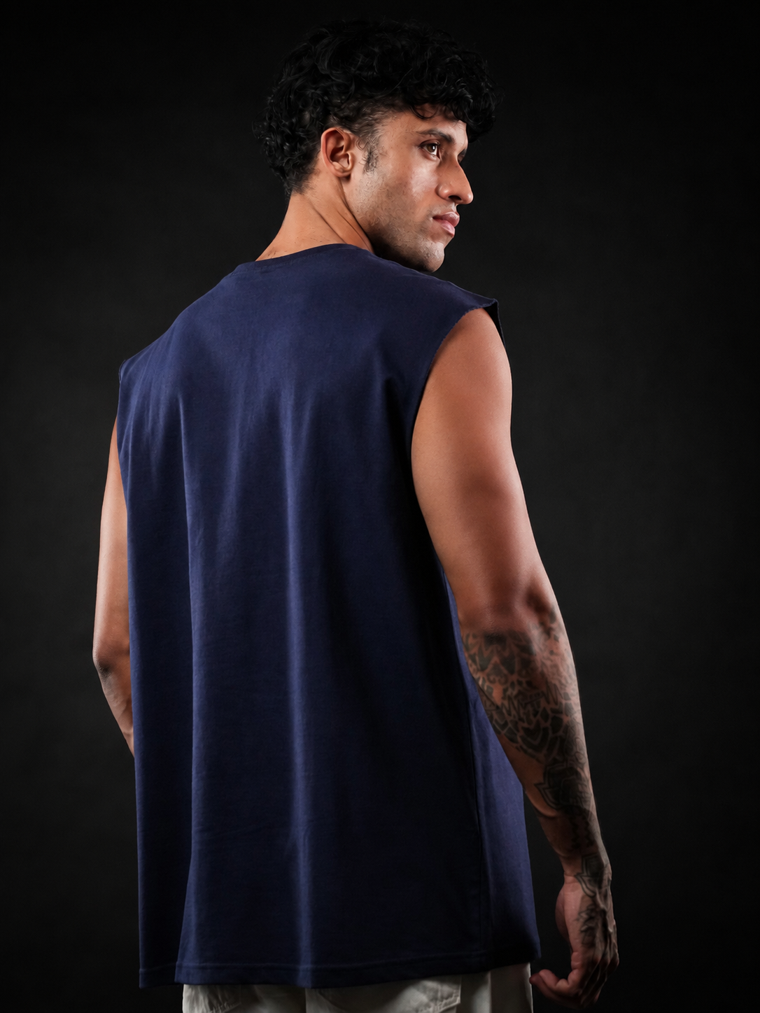 Navy Blue Solid Sleeveless Oversized Cotton Tank Tshirt