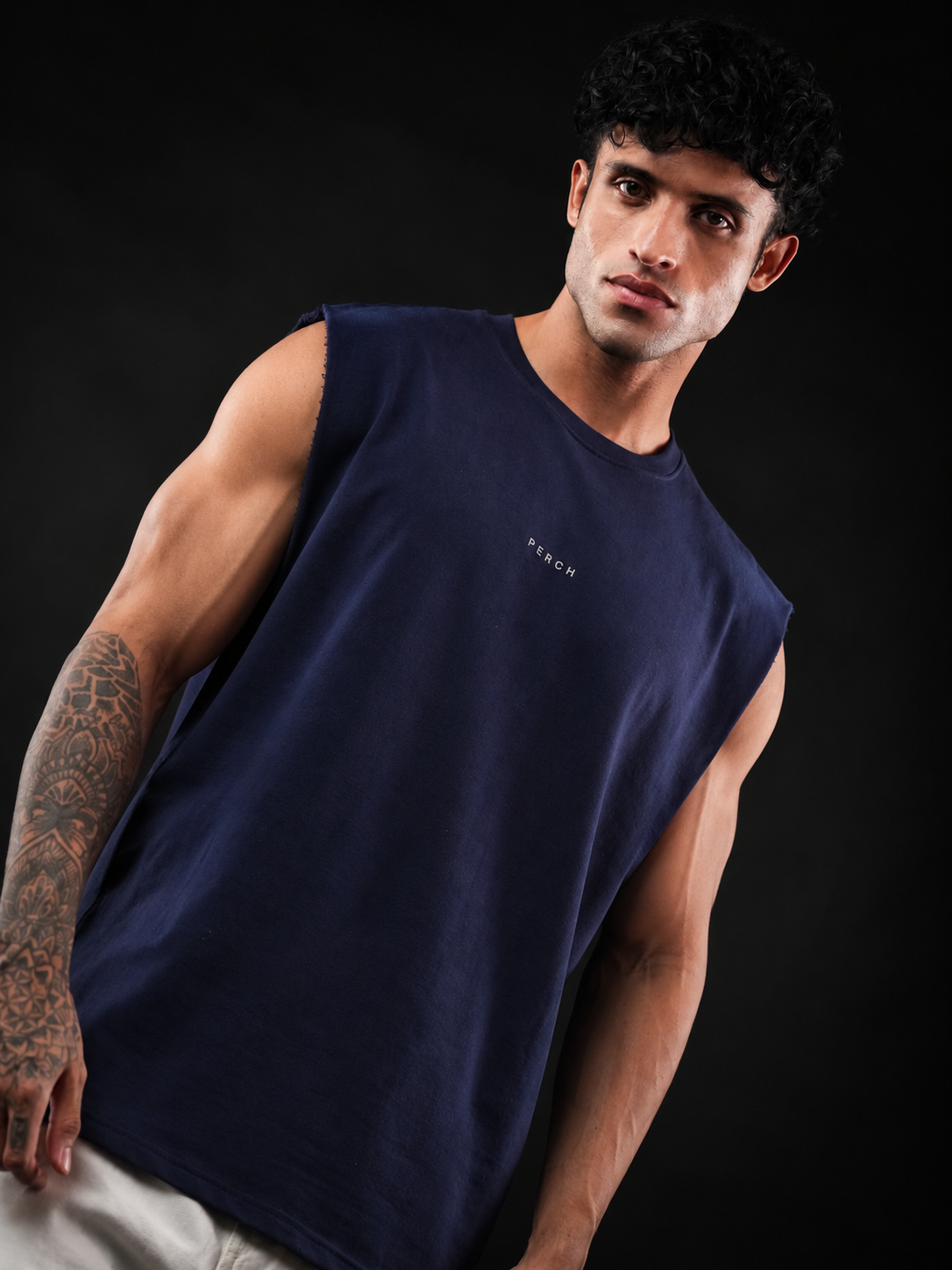 Navy Blue Solid Sleeveless Oversized Cotton Tank Tshirt
