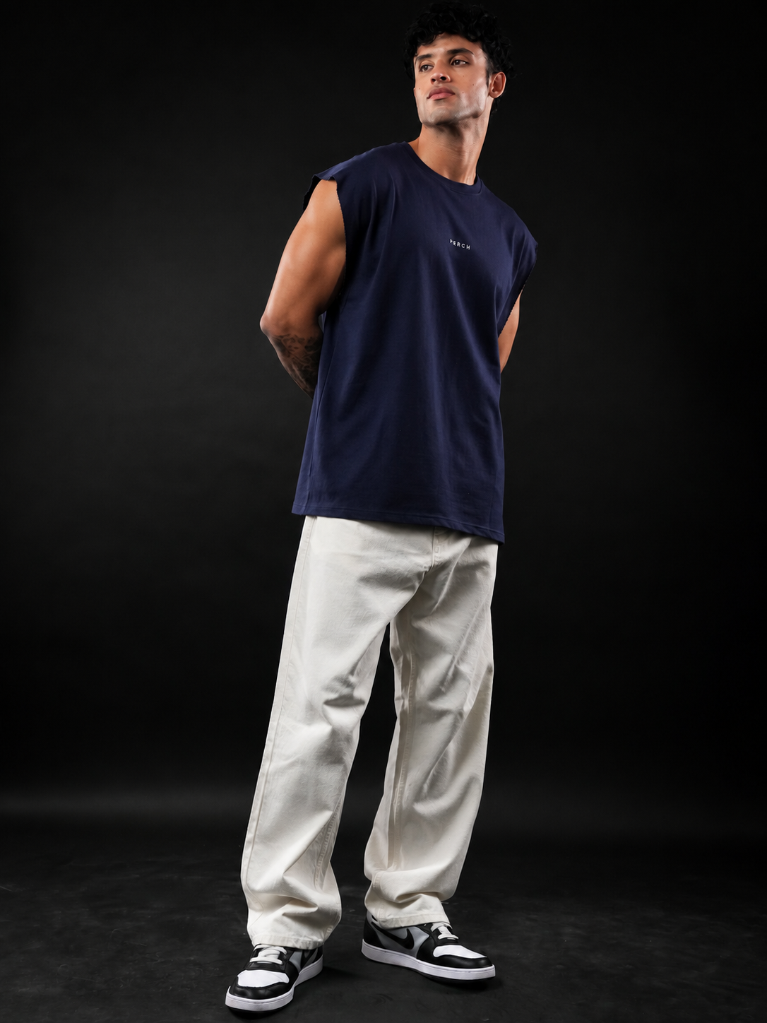 Navy Blue Solid Sleeveless Oversized Cotton Tank Tshirt
