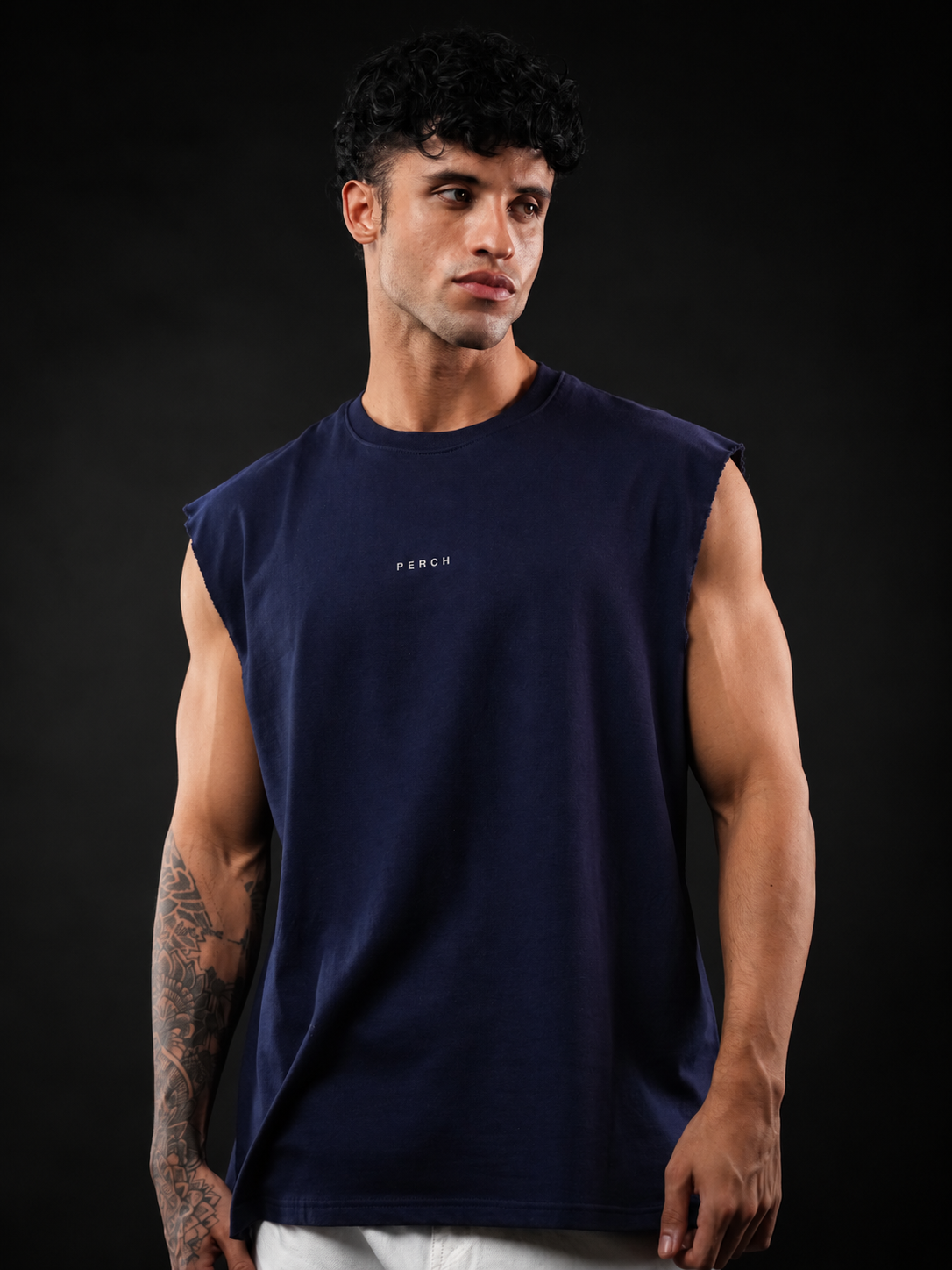 Navy Blue Solid Sleeveless Oversized Cotton Tank Tshirt