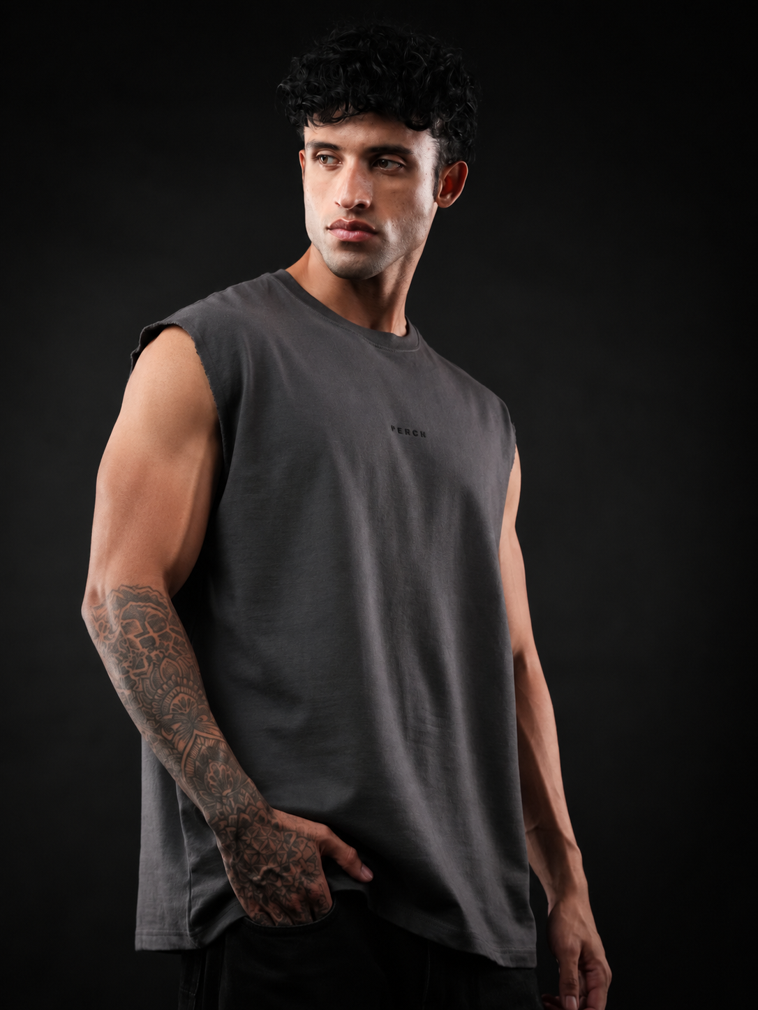 Dark Grey Solid Sleeveless Oversized Cotton Tank Tshirt
