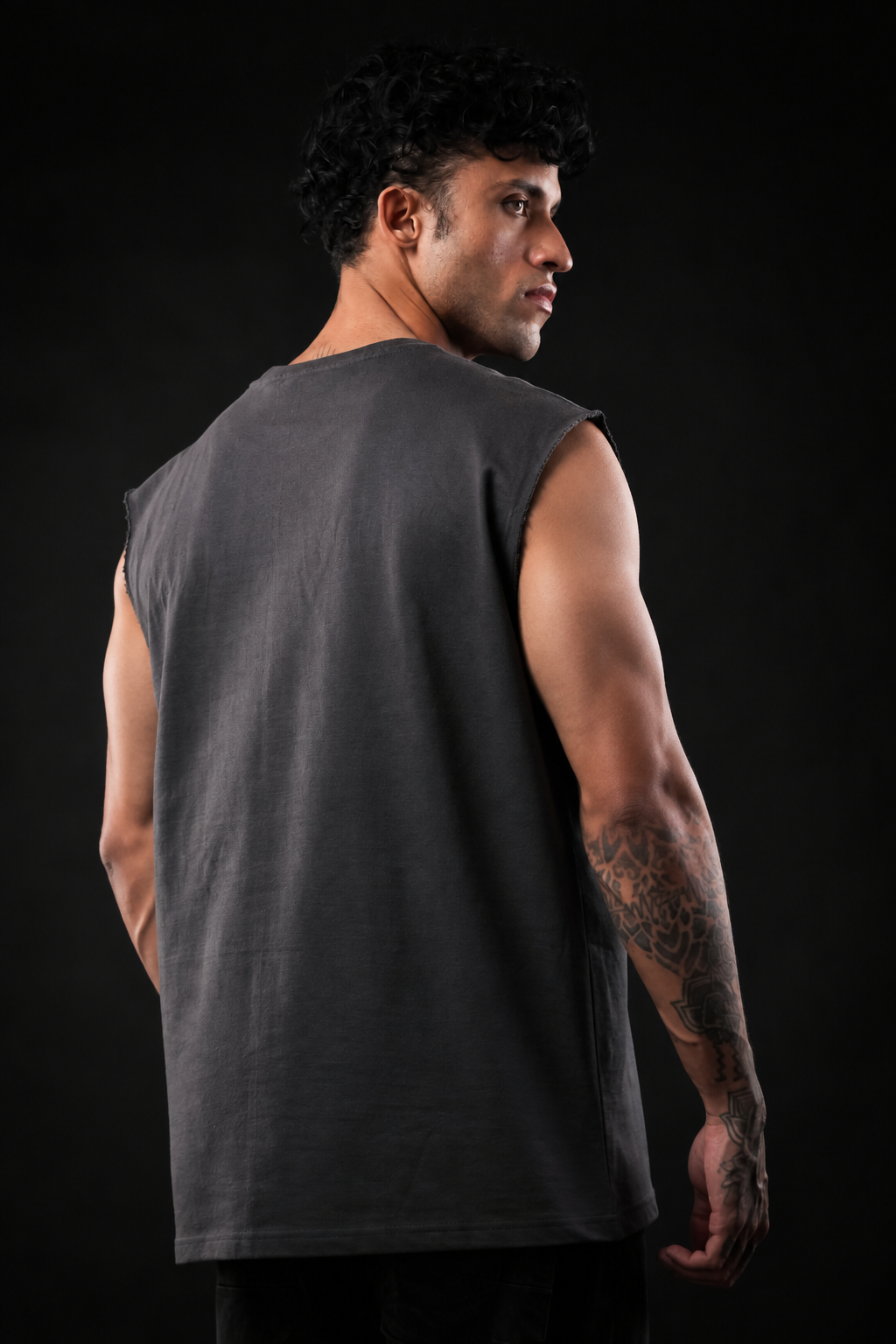 Dark Grey Solid Sleeveless Oversized Cotton Tank Tshirt