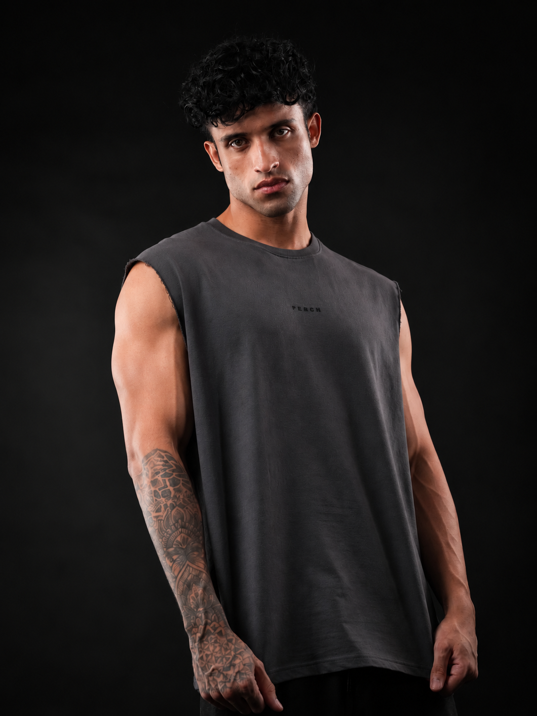 Dark Grey Solid Sleeveless Oversized Cotton Tank Tshirt