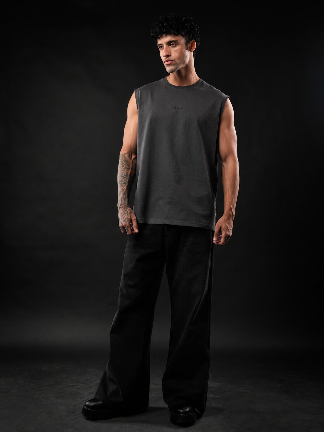 Dark Grey Solid Sleeveless Oversized Cotton Tank Tshirt