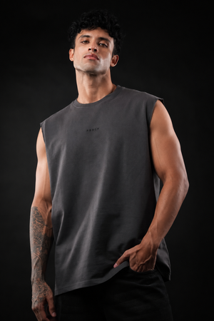 Dark Grey Solid Sleeveless Oversized Cotton Tank Tshirt