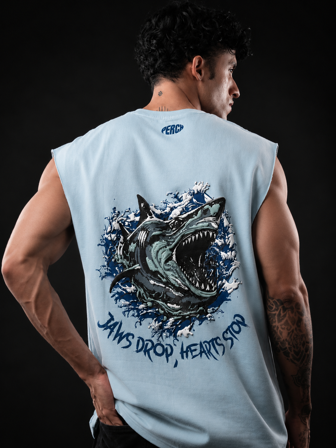 Sky Bue Shark Print Oversized Tank Tshirt