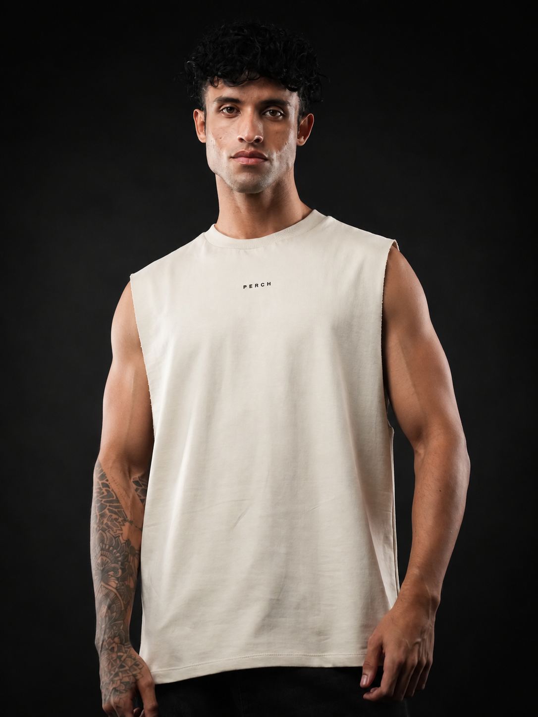 Beige Solid Sleeveless Oversized Cotton Tank Tshirt
