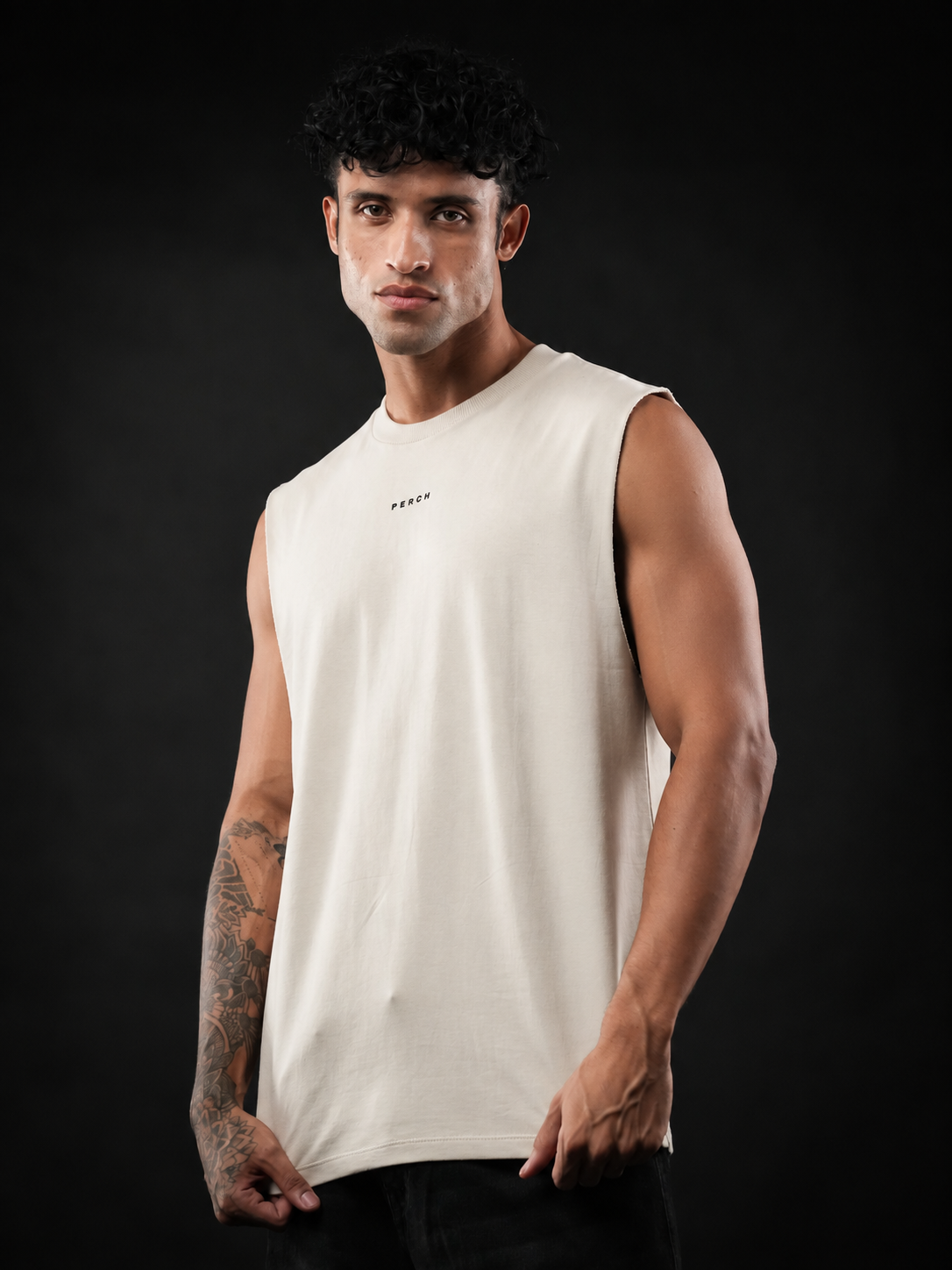 Beige Solid Sleeveless Oversized Cotton Tank Tshirt
