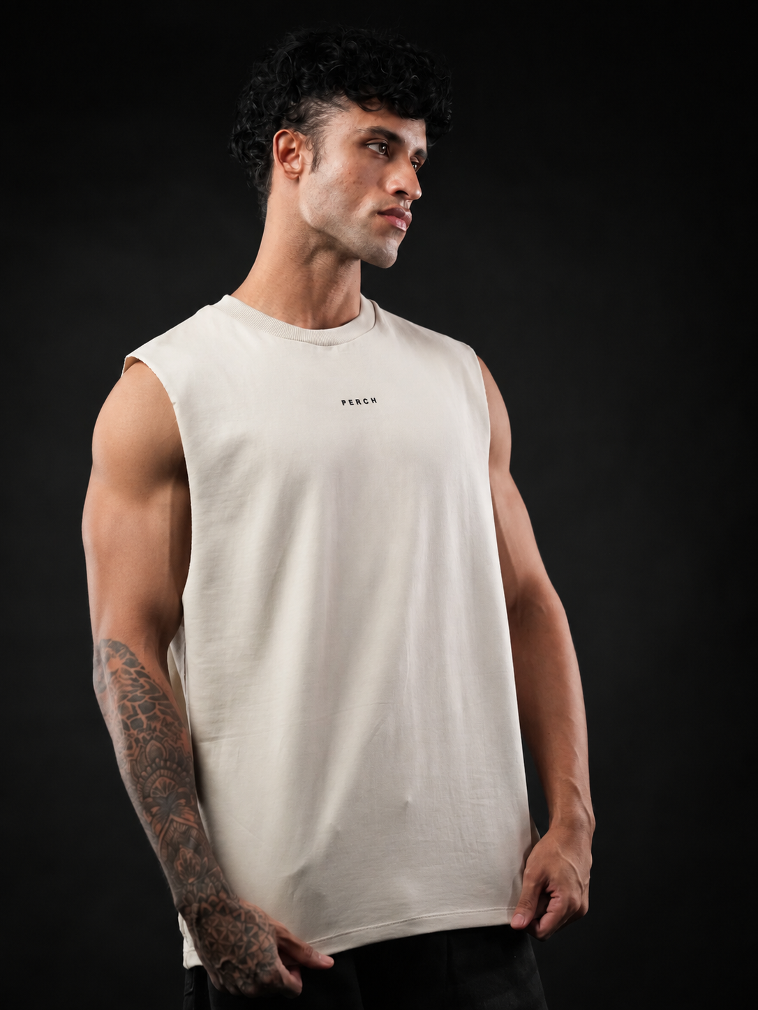 Beige Solid Sleeveless Oversized Cotton Tank Tshirt